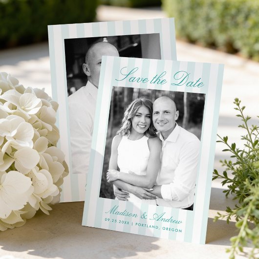 Save The Date Classic Aqua Stripes Photo Wedding