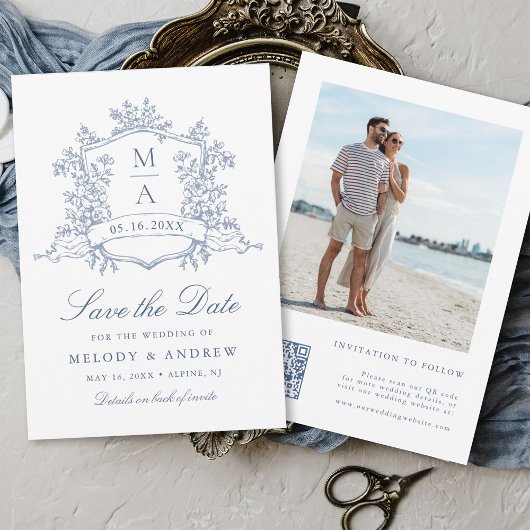 Save The Date Classic Bloom Garden Dusty Blue Mariage Photo