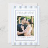 Save The Date Classic Blue Stripes Photo Wedding (Devant)