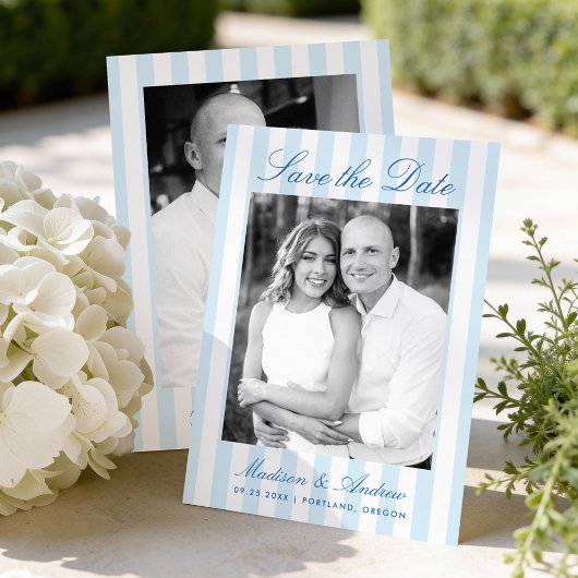 Save The Date Classic Blue Stripes Photo Wedding