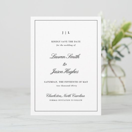 Save The Date Classic Élégant Calligraphie Monogramme Mariage (Debout devant)