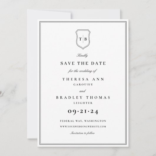 Save The Date Classic Élégant Monogramme Noir Crest Enregistrer  (Devant)