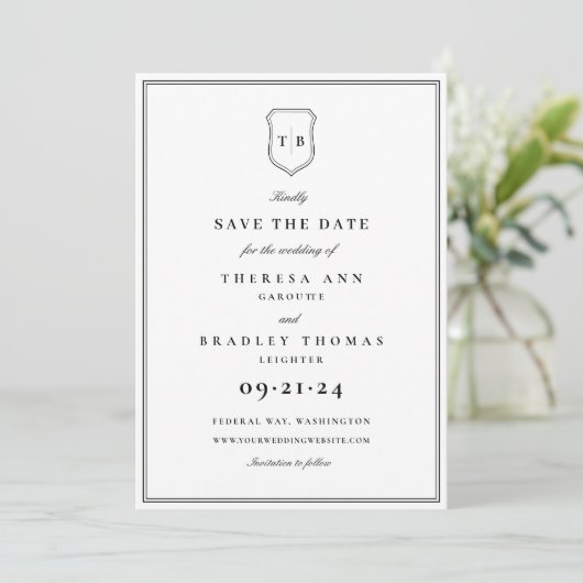 Save The Date Classic Élégant Monogramme Noir Crest Enregistrer (Debout devant)