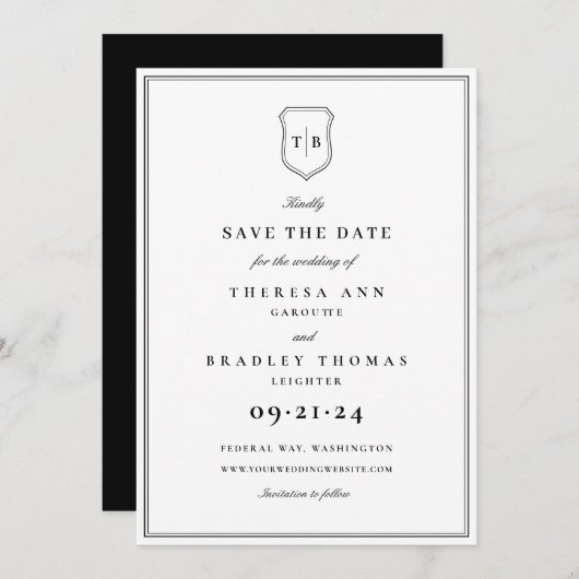 Save The Date Classic Élégant Monogramme Noir Crest Enregistrer (Devant / Derrière)
