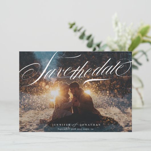 Save The Date Classic Elegant Navy Calligraphie QR Code Photo (Debout devant)