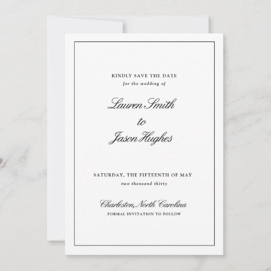 Save The Date Classic Elegant Noir & Blanc Mariage de calligraph (Devant)