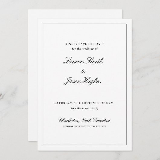 Save The Date Classic Elegant Noir & Blanc Mariage de calligraph (Devant / Derrière)