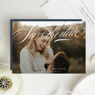 Save The Date Classic Elegant White Navy Blue Calligraphy Photo