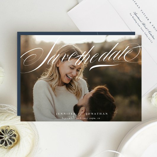 Save The Date Classic Elegant White Navy Blue Calligraphy Photo