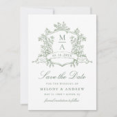 Save The Date Classic Floral Crest Sage Green Mariage (Devant)