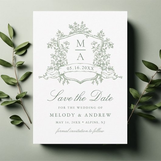 Save The Date Classic Floral Crest Sage Green Mariage