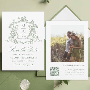 Save The Date Classic Floral Crest Sage Green Mariage Photo