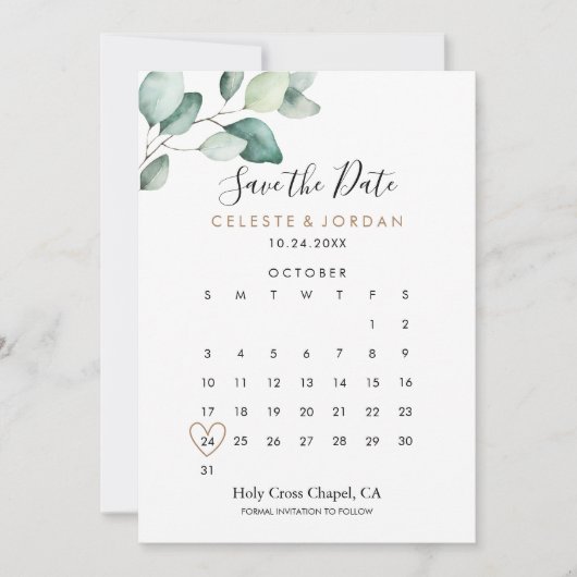 Save The Date Classic Formal Green Feuilles Enregistrer le calen (Devant)
