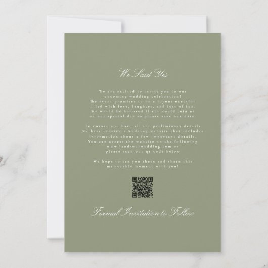 Save The Date Classic Formel Sage Green Noms Photo QR Code (Dos)