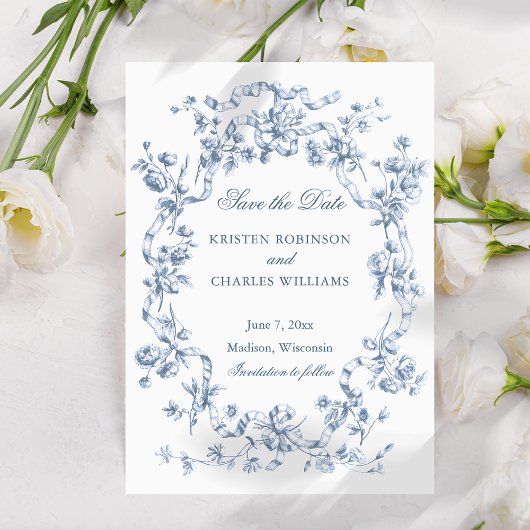 Save The Date Classic French Blue Flowers & Ribbons Wedding