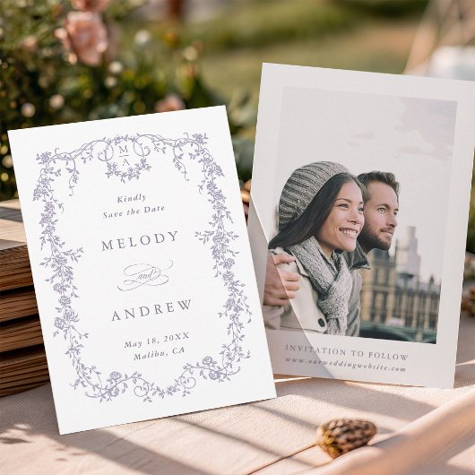 Save The Date Classic French Victorian Blue Floral Wedding Photo