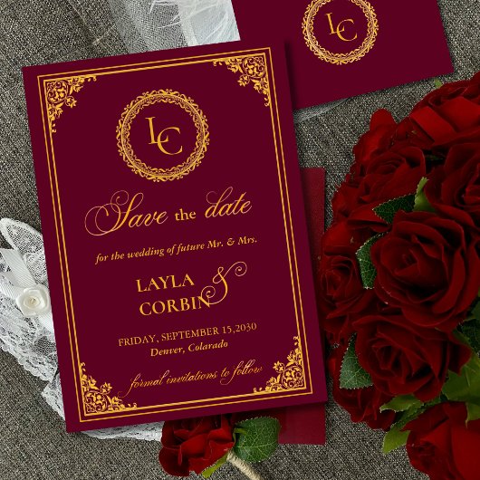 Save The Date Classic Gold Frame Royal Monogram Wedding