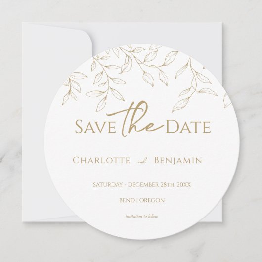 Save The Date Classic Gold Greenery Mariage Round Enregistrer la (Devant)