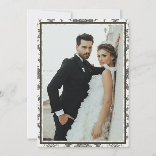 Save The Date Classic Ivory Damask Rococo Pattern Photo Wedding (Dos)