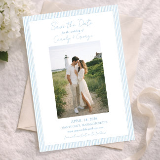 Save The Date Classic Light Blue Striped Summer Coastal Wedding