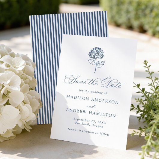 Save The Date Classic Navy Blue Hydrangea Wedding
