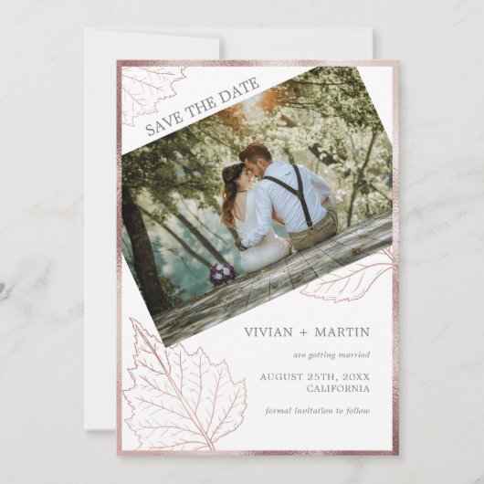 Save The Date Classic Neutral Matt Rose or Feuille Mariage (Devant)