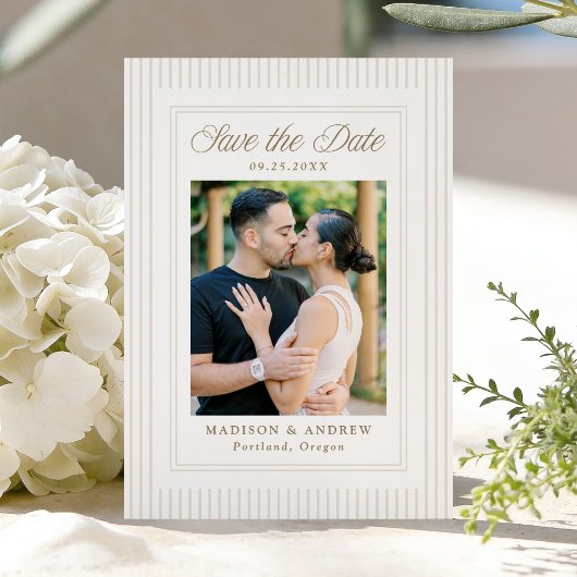 Save The Date Classic Neutral Stripes Photo Wedding