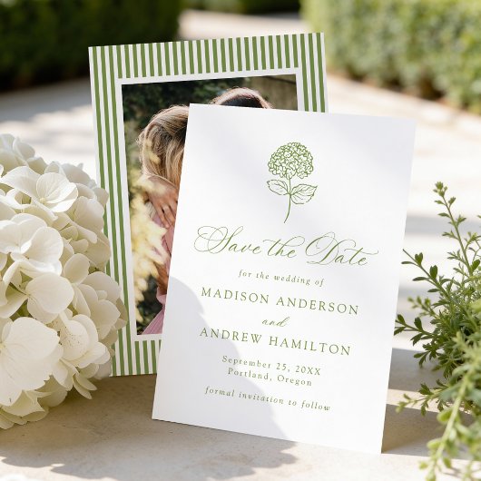 Save The Date Classic Olive Green Hydrangea Photo Wedding
