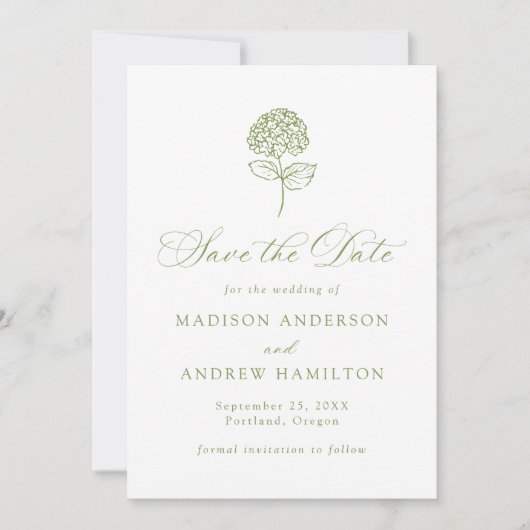 Save The Date Classic Olive Green Hydrangea Wedding (Devant)