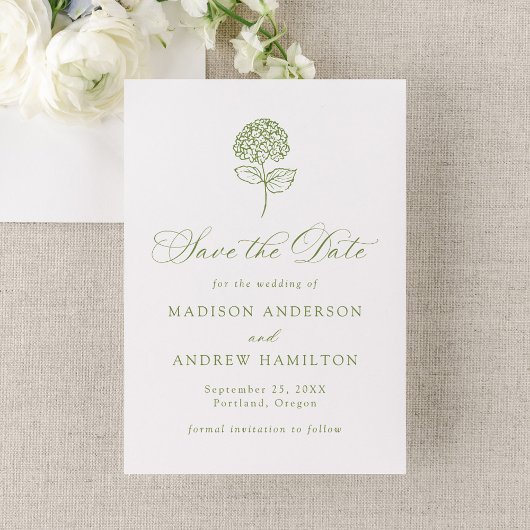 Save The Date Classic Olive Green Hydrangea Wedding