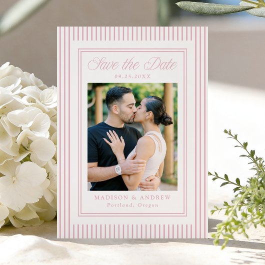 Save The Date Classic Pink Stripes Photo Wedding