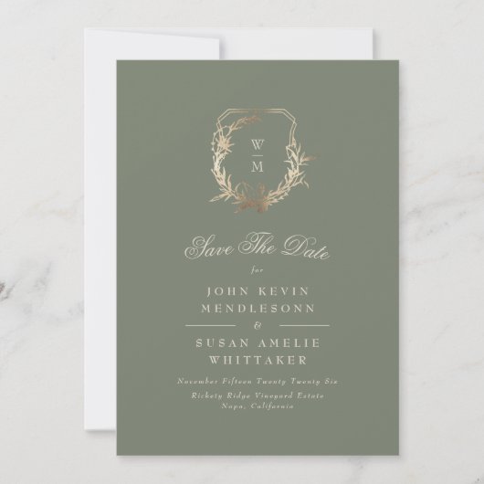 Save The Date Classic Sage & Cream Monogram Gold Crest Photo (Devant)