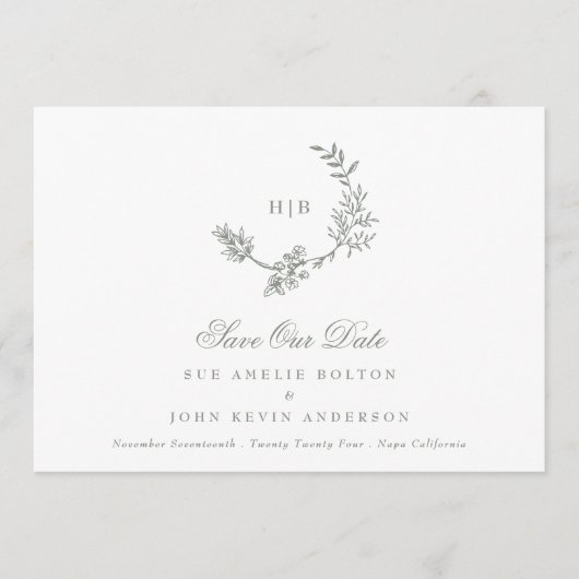 Save The Date Classic Sage Vert Monogramme Mariage de couronne Q (Devant)