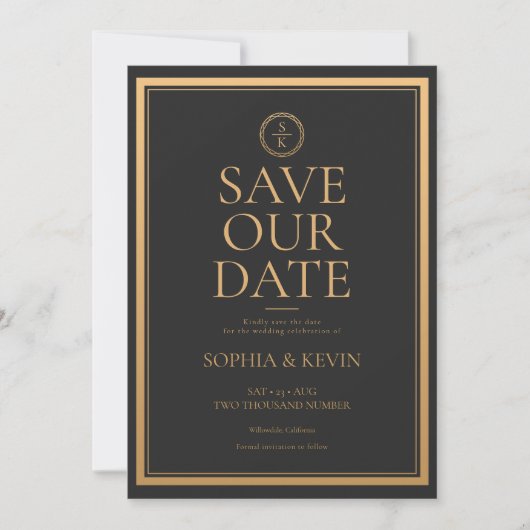 Save The Date Classic Simple Elegance Gold Mariage noir (Devant)