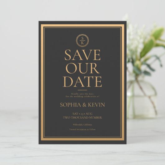 Save The Date Classic Simple Elegance Gold Mariage noir (Debout devant)