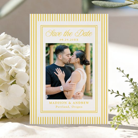 Save The Date Classic Yellow Stripes Photo Wedding