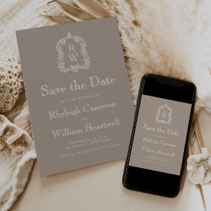 Save The Date Classique Taupe Blason de monogramme en script