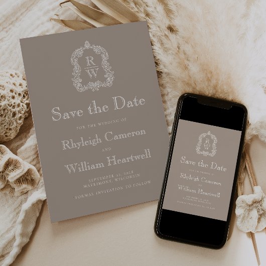 Save The Date Classique Taupe Blason de monogramme en script