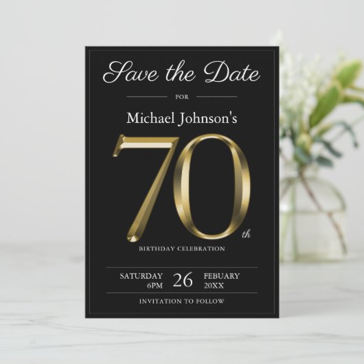 Save The Date Classy Black and Gold 70th Birthday Party (Debout devant)