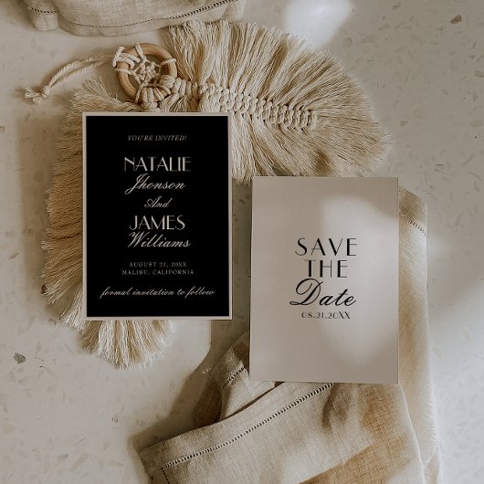 Save The Date Classy Black Cream Old Money Luxury Chic Wedding