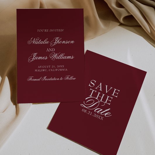 Save The Date Classy Burgundy White Fancy Old Money Wedding