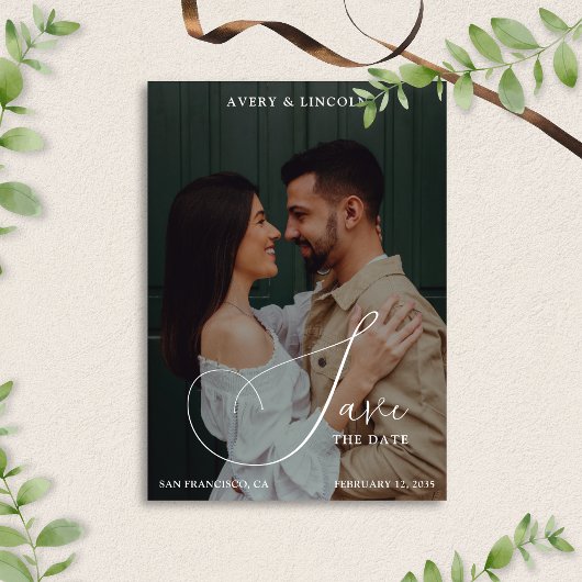 Save The Date Classy Elegant Black & White Photo Script Wedding