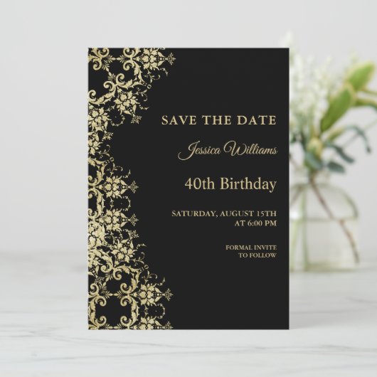 Save The Date Classy Gold & Black Damask 40e anniversaire (Debout devant)