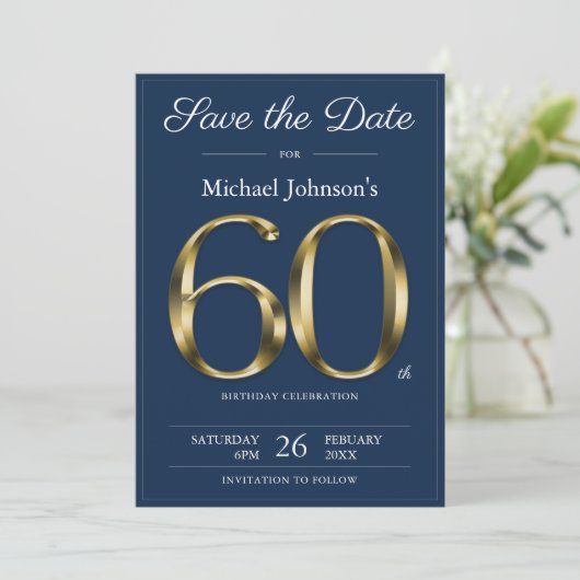 Save The Date Classy Gold Navy Blue 60th Birthday Party (Debout devant)