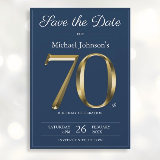 Save The Date Classy Gold Navy Blue 70th Birthday Party