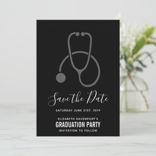 Save The Date Classy Graduation Party Grey sur Black Stethoscope (Debout devant)