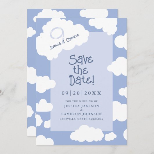 Save The Date Cloud Neuf 9 Cute Fun Whimsical Unique Mariage (Devant / Derrière)
