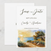 Save The Date Coast Watercolor Sunset Mediterranean Half Wedding (Devant / Derrière)