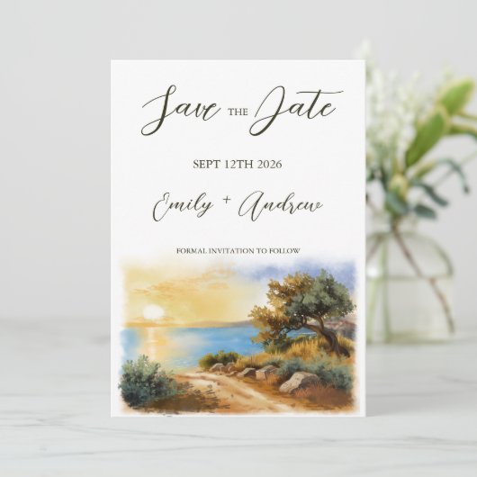 Save The Date Coast Watercolor Sunset Mediterranean Half Wedding (Debout devant)