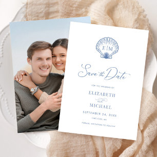Save The Date Coastal Blue Beach Shell Mariage Monogramme